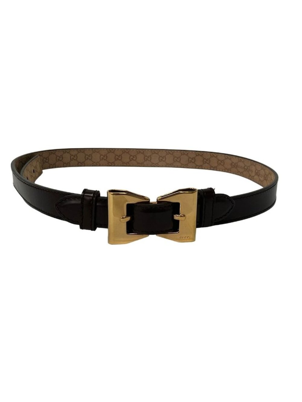 Gucci Belt 85 34 Dark Brown Gold Ribbon Leather